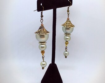 Green Faux Pearl Earrings from Repurposed Vintage Necklaces