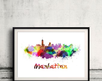Manhattan skyline in watercolor over white background with name of city - SKU 1776