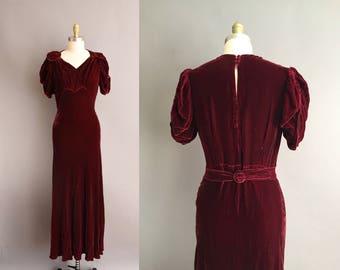 Rare 30s cranberry red silk velvet bias vintage dress. 1930s velvet vintage dress