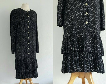 Vintage 1970s Polka Dot Drop Waist Dress US 10 EU 40 UK 12 Flippy Ruffle Tiered