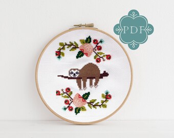 PDF Counted Cross Stitch - Lazy Day / sloth cross stitch, diy, how-to, embroidery, pattern, gift, dmc, supply, instruction, baby, nursery,