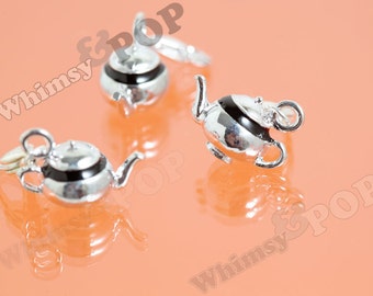 1 - 3D Genie Silver Tone Black Enamel Teapot Detailed Kawaii Charm, Teapot Charm, Tea Charm, 30mm x 13mm (R9-026)