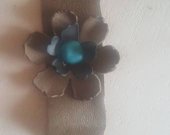 Leather Taupe and Turquoise Boho Floral Cuff