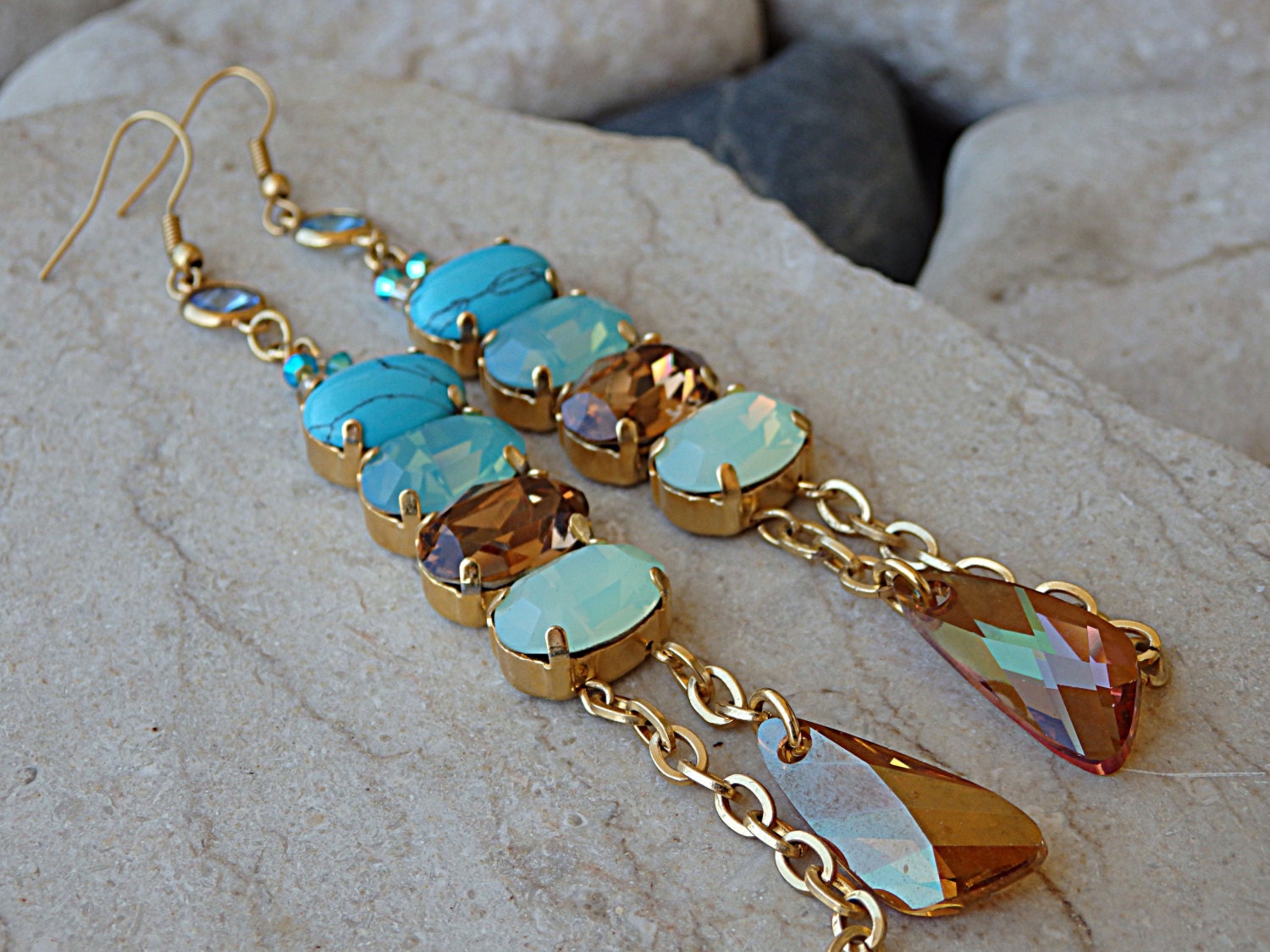 Chandelier Earrings Rhinestone Turquoise Swarovski Zoom