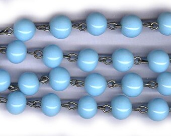 vintage rosary beads glass chain pastel turquoise glass 8mm, japan glass antique rosary chain
