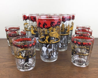 Vintage Hazel Atlas Gay 90s 12-Piece Set—6 Highball Glasses/Tumblers + 6 Juice/Whiskey Glasses—Charming 1890s Bar Scene