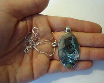 Vintage Sterling Silver and Abalone Shell Pendant, 2" Long on 20" Sterling Silver Box Chain, 10 Grams