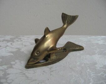 Vintage Brass Fish Dolphin Shark Paper Clip Paperweight, Nautical Coastal Beach Desk Office Decor