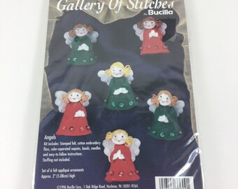 Vintage Bucilla Gallery of Stitches Angels Christmas Ornaments Kit, Felt,Applique,Sequins,NEW,33609