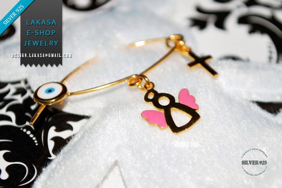 Pink Enamel Sweet Angel Baby Brooch Sterling Silver Gold plated Handmade Jewelry Cross Eye Happy Shower Day Religious Baptism Newborn Girl