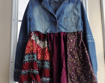 jean jacket dress, Gypsy tunic Boho Clothing Women's Upcycled Top, Mori Girl Clothes, Eco Friendly top, Stevie Nicks Dress