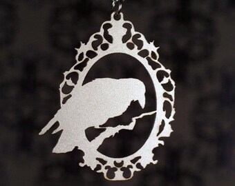 Cameo Raven necklace, silver crow jewelry, Crow pendant, Raven Jewelry, Raven Pendant