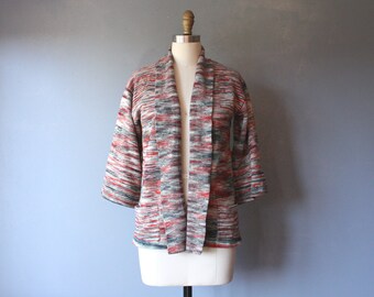 vintage 70s space dye sweater / hippie cardigan / green red wrap sweater / bell sleeves