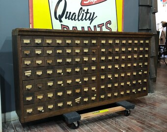 Vintage Oak W C Heller style parts cabinet with 112 oak and galvanized metal drawers
