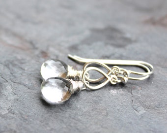 Teardrop Crystal Quartz Earrings Clear Stone Earrings Sterling Silver Wire Wrapped