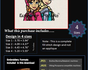 Anna Elsa Sisters Frozen Disney Embroidery designs Multiformat Pes, Hus, Jef, Dst, Exp Machine embroidery 4 Sizes Product Code : Anna Elsa 3