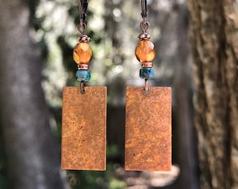 Turquoise Earrings, Copper Earrings, Orange Earrings, Boho Earrings, Bohemian Earrings, Rustic Earrings, Patina Earrings, Gypsy Earrings
