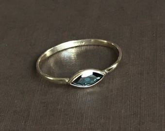 14k solid gold and genuine blue sapphire ring, evil eye ring, marquise cut sapphire