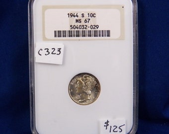 1944 S Mercury Silver Dime, NGC MS67, Gem Uncirculated, Graded in Holder, American Coin, Silver,NGC, Certified