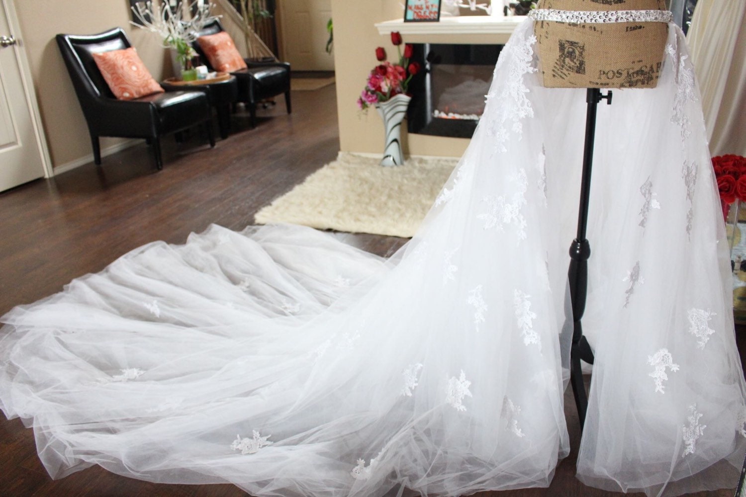 3ft Applique Lace Detachable Train With Belt Removable Tulle 6185