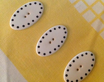 White with Black Spots Ceramic Buttons. Made in Cornwall UK. Oval.