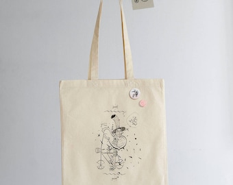 Mad Hatter, Hand Printed on Cotton Bag, Funny Vintage Bike, Screen printing, Shopping Bag, Pin Badge