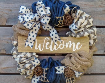 Navy Blue Chevron Burlap Welcome Wreath