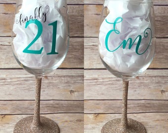 Finally 21 Wine Glass // Glitter Wine Glass, 21st Birthday Gift, Glitter Dipped Wine Glass, finally 21, 21st Birthday Gift for her