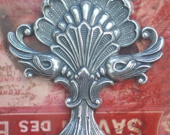 Art Nouveau Brass Shell Ornament, Sterling Silver Finish, Brass Stampings, Stampings, Craft and Jewelry Supplies Made in the USA