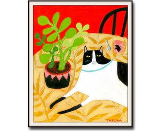 Poster Print Black and White CAT folk art painting PRINT cute cat art cat on table with succulent cactus plant cat wall decor by Tascha