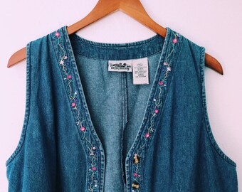 Vintage 70s Boho Hippie Denim Vest with Floral Design and Buttons