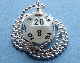 D20 Dice Pendant - Pearl White - Geek Gamer DnD Role Playing RPG
