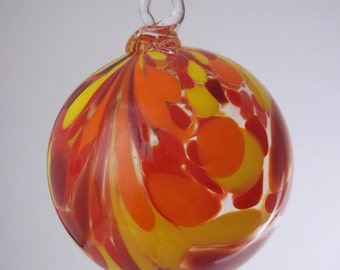 Fire Red Orange Yellow and Clear Feather Blown Glass Ornament 3.5 inches FREE SHIPPING