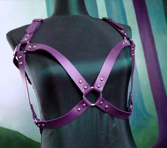 Purple faux leather bdsm body harness. Vegan leather harness