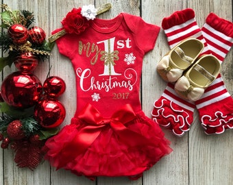 My 1st Christmas Outfit - Baby Girl Christmas Onesie - Baby Christmas Outfit - Santa Baby - Red Ruffle Bottom Bloomers