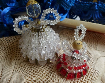 Safety Pin Angels Pair Safety Pin Art Handmade kitsch Vintage 70s Handcraft Shabby Cottage Clear Crystal Acrylic Bead Craft
