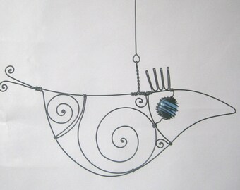Small Wire Bird Sculpture In Blue