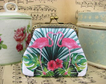 Coin purse clutch with flamingos, kiss lock purse, summer jungle
