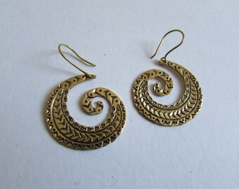 Spiral Brass Tribal etchings, Earrings handmade,Tribal Earrings with hooks, Nickel Free, Indian Jewellery, Gift boxed,Free UK postage BG9