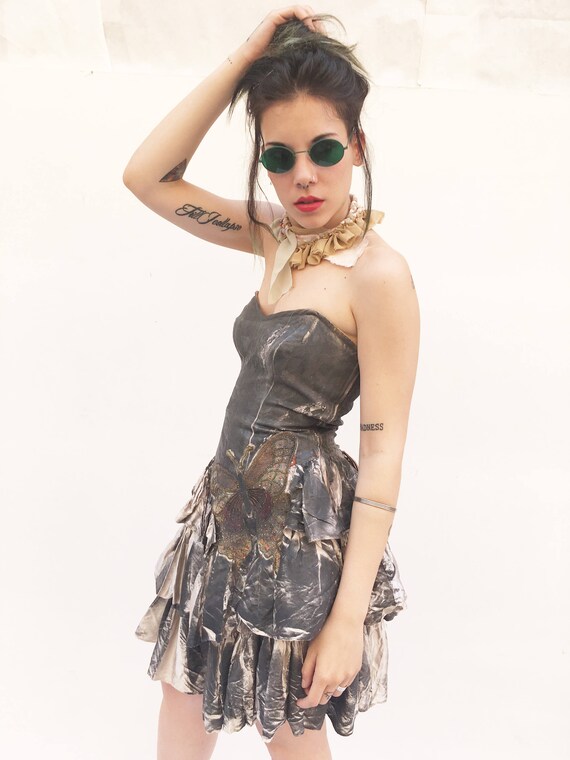 Hand painted Satin Gray Flounces LOLA DARLING Dress adjustable Corset Butterfly Embroidery Printing Handmade Unique Piece from Vintage Italy