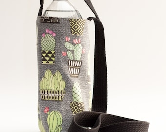 Cactus Water Bottle Sling, Cactus Blooms, Floral Green and Black Water Bottle Holder, Crossbody, Green, Black, and Red Fabrics, Handmade