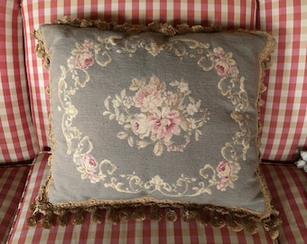 French Chic Petit Point Needlepoint Tassel Fringe Floral Pillow