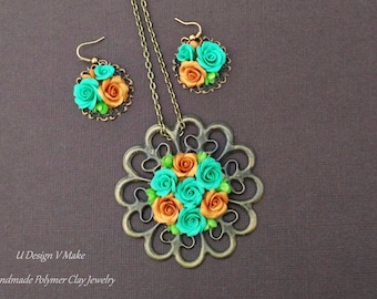 Handmade Polymer Clay Roses Jewelry Pendant Set new year gift