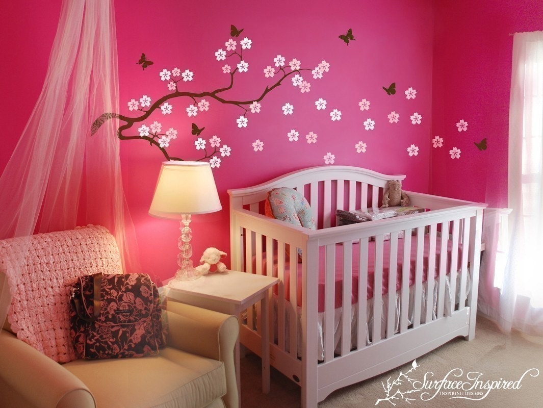Wall Decal Nursery Tree Decal with Butterflies Cherry Blossom