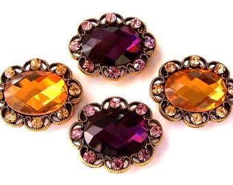 Amethyst and topaz 2 hole slider beads, purple and gold oval, sparkly faceted, 2 of each