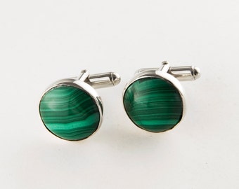 Round Green Malachite and Sterling Silver Cufflinks