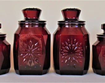 RARE Set Of 4 Deep Rich Ruby Red Faceted Glass Kitchen Canisters With Starburst Design & Airtight Lids VERY NICE
