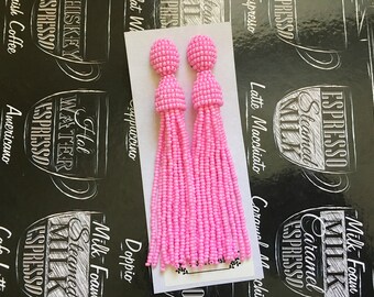 Beaded Tassel Clip On Earrings Hot Pink