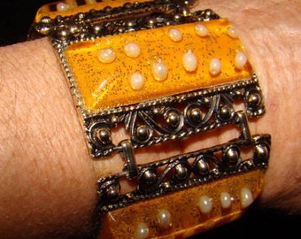 Designer Bracelet Vintage Lucite and Brass Metal Link