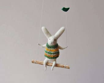 White Bunny on Swing, Needle Felted Animal, Nursery Decor, Baby Crib Mobile, Bunny Mobile